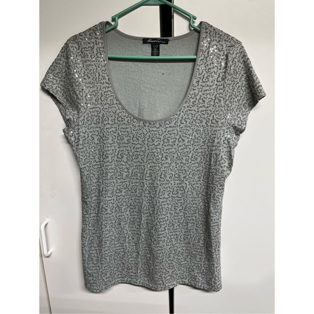 Kenneth Cole New York Sequin Scoop Neck Gray Green Sparkle Top Medium